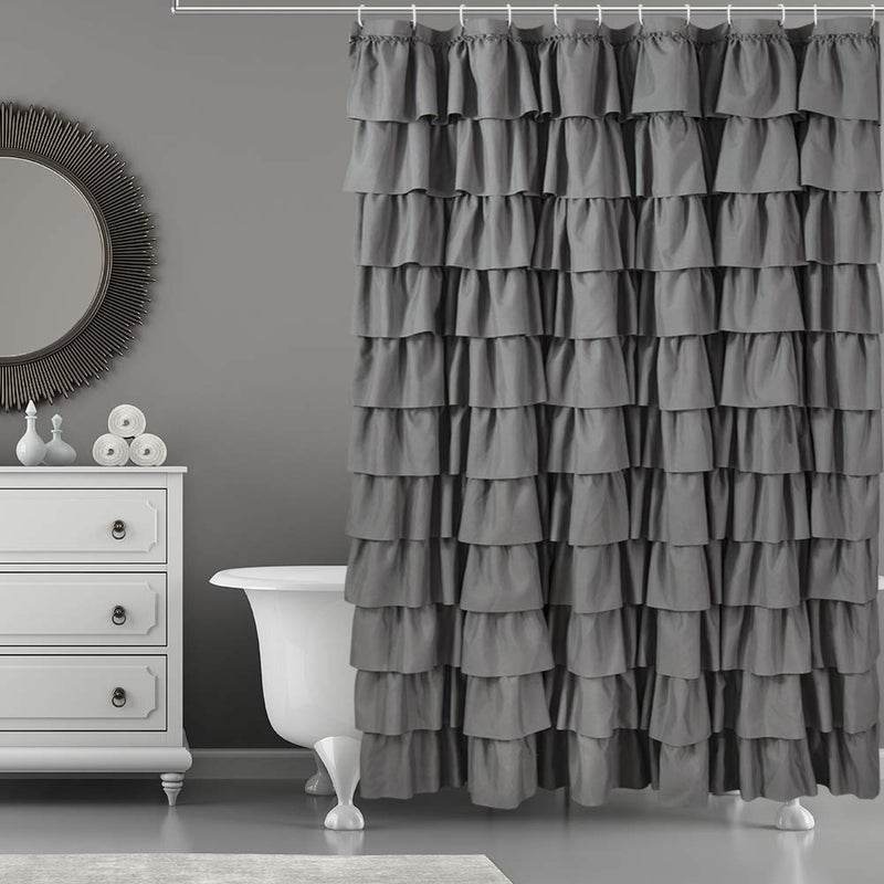 WestWeir Ruffle Shower Curtain,84-inches Extra Long,Grey Ruffled Bath Curtains for Bathroom,Fabric Farmhouse Decor,Soft Touch Decorative Cloth Texture,(72 inch Wide,1 Panel) - Image 1